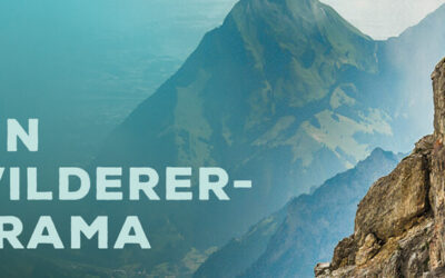 Bergpanorama, davor die Überschrift "Ein Wilderer-Drama"