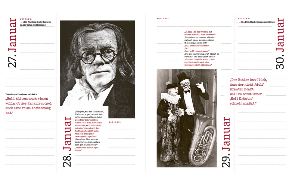 2 Beispielseiten des Valentin-Kalender, 366 mit Karl Valentin 