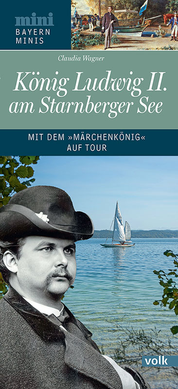 Schwarz-Weiß-Aufnahme von Ludwig II. vor einem Foto des Starnberger Sees mit einem Segelboot