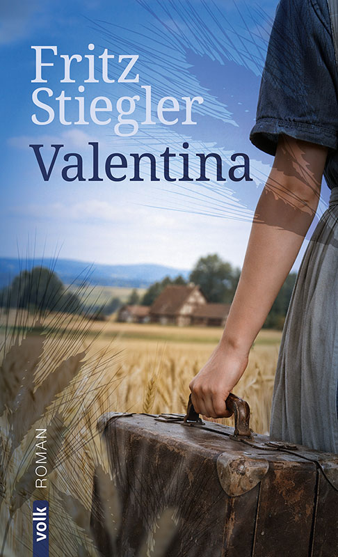 Buchcover, das angeschnitten eine Frau zeigt, die einen Koffer in der Hand hält, vor breitet sich eine Feld aus