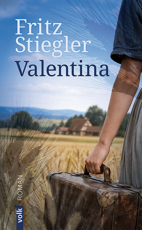 Buchcover, das angeschnitten eine Frau zeigt, die einen Koffer in der Hand hält, vor breitet sich eine Feld aus