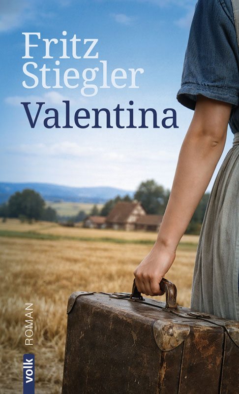 Buchcover, das es angeschnitten eine Frau zeigt, die einen Koffer in der Hand hält, vor breitet sich eine Feld aus