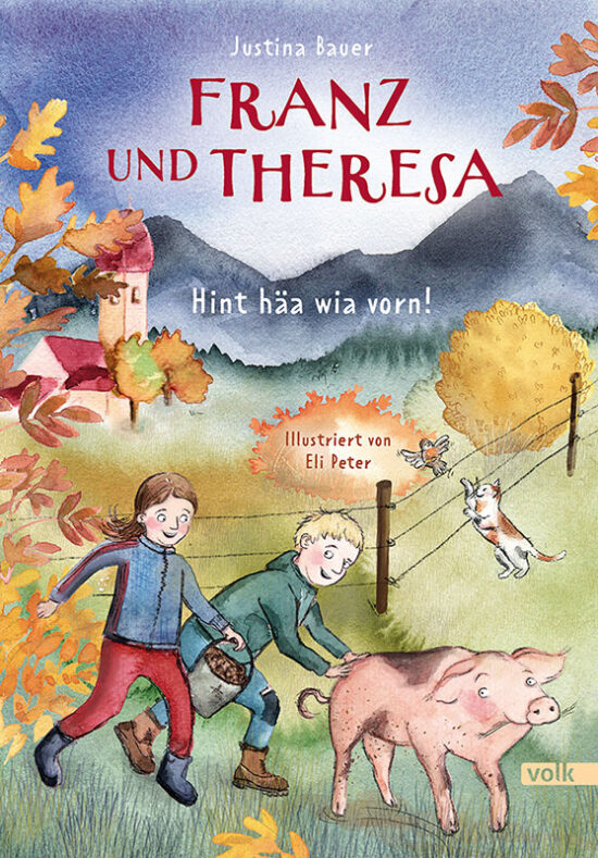 Gezeichnetes Cover, auf dem ein Junge und ein Mädchen ein Schwein anschieben.