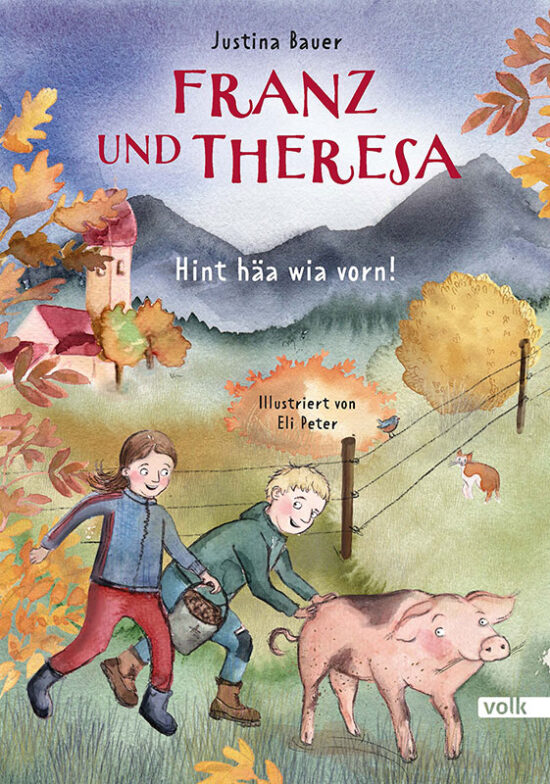 Gezeichnetes Cover, auf dem ein Junge und ein Mädchen ein Schwein anschieben.
