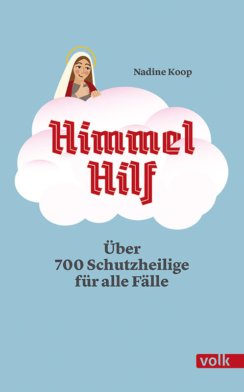 Blaues Buchcover, der Titel steht in einer Wolke, auf der eine Heilige sitzt.