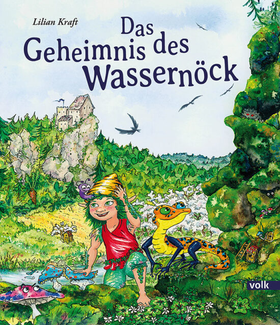 Buchcover, auf dem die Flussnixe Flox und der Salamander Mimo vor einer grünen Landschaft zu sehen sind