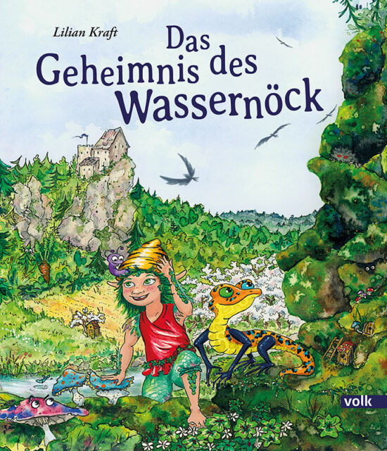 Buchcover, auf dem die Flussnixe Flox und der Salamander Mimo vor einer grünen Landschaft zu sehen sind