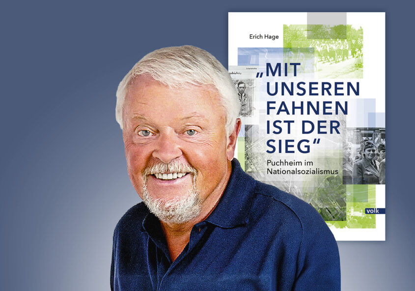 Der Autor Erich Hage vor dem Buchcover